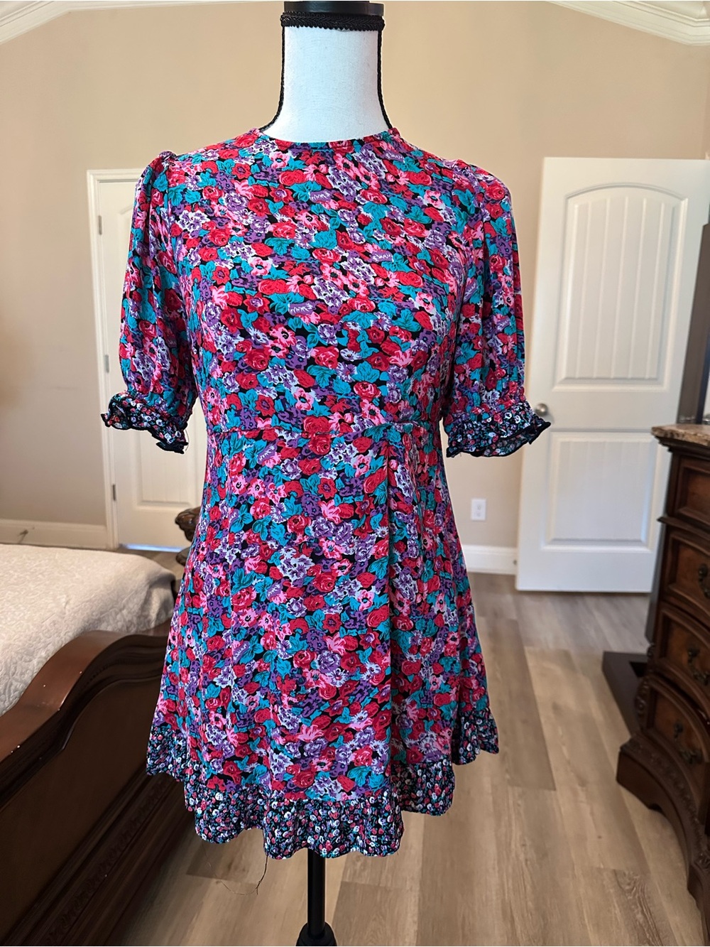 RIXO Teal, Pink & Purple Floral Tie-Waist Mini Dress